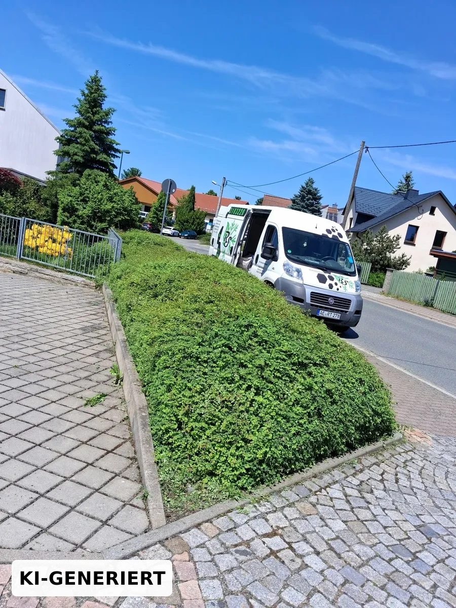 Frisch geschnittene Hecke an einem Gehweg, dahinter das Firmenfahrzeug